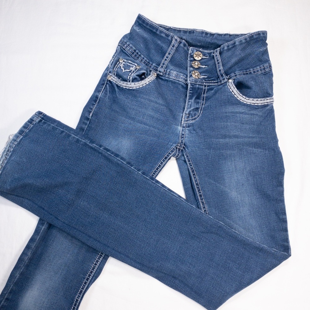 Silver Diva Womens Bootcut Jeans Blue High Waist Embellished Pockets Size 1
